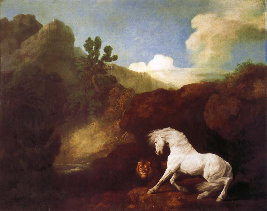 White horse frightened by a lion